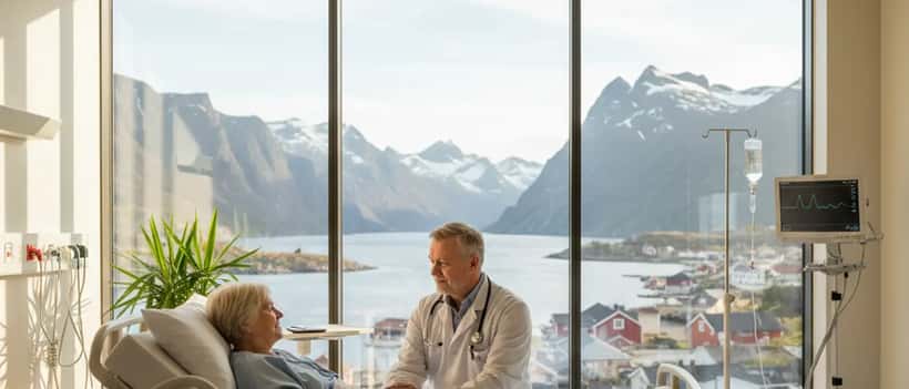 Norsk lege i hvit frakk sitter oppmerksomt ved en eldre pasient i et lyst Oslo-sykehusrom med naturlig lys