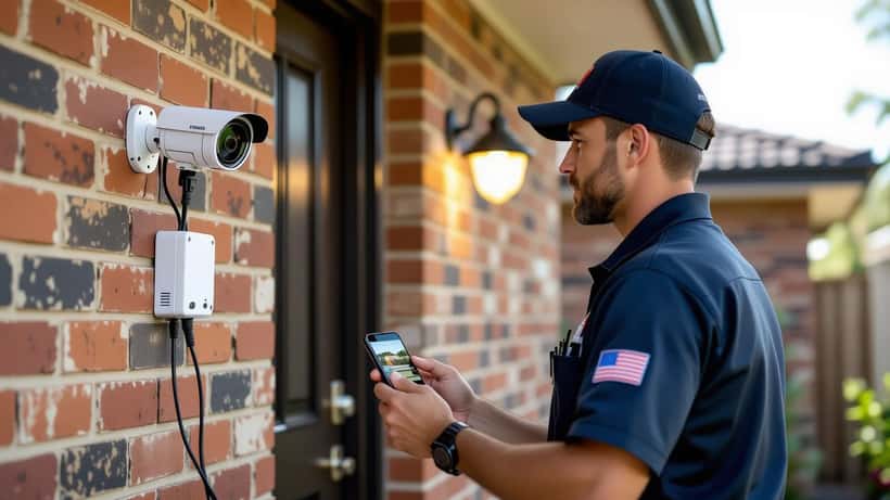 Security technician installing a surveillance camera above the front door of an Australian suburban home