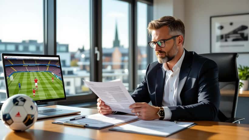 Norsk advokat gjennomgår FIFA-spillerkontrakt på et Oslo-advokatkontor med fotball og Eliteserien-program på bordet