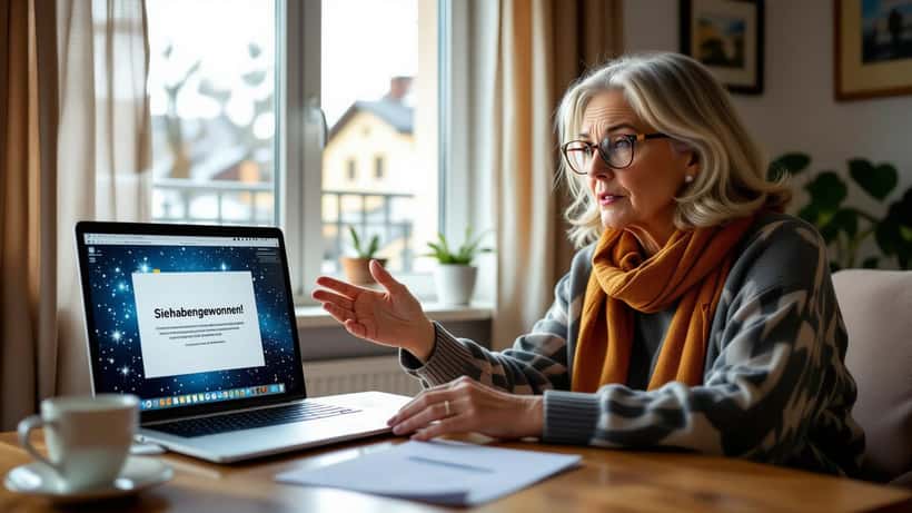Frau betrachtet skeptisch einen verdächtigen Lotto-Gewinnbenachrichtigungs-E-Mail auf dem Laptop in Österreich 2026