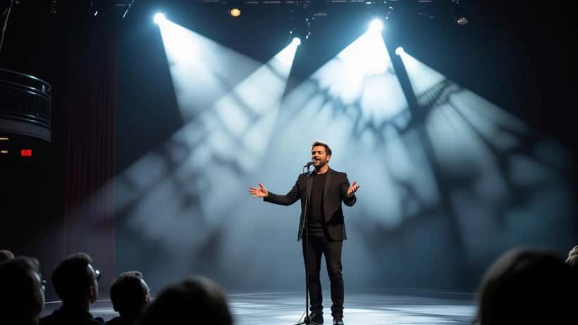 Humoriste français sur scène sous les projecteurs d'un spectacle de one-man-show