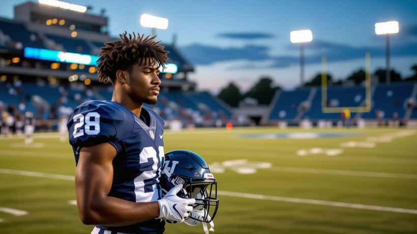 College football player standing alone on an empty stadium sideline at dusk, holding his helmet, in quiet reflection