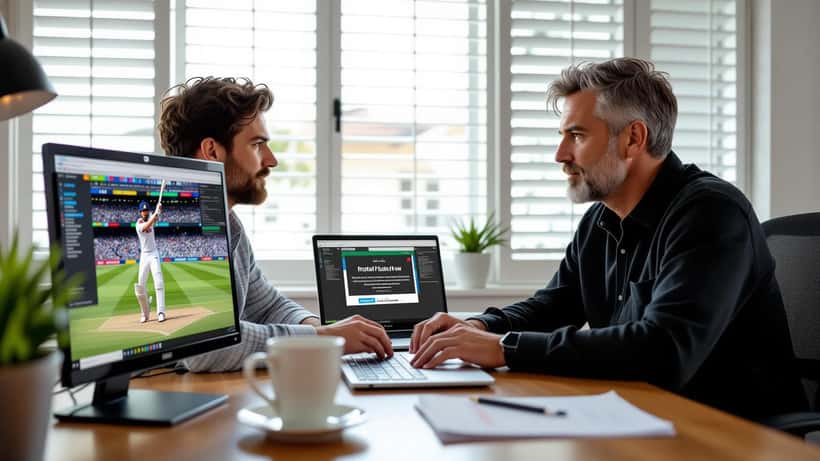 Man at laptop with suspicious streaming popup warning, home office, cricket piracy cybersecurity Australia