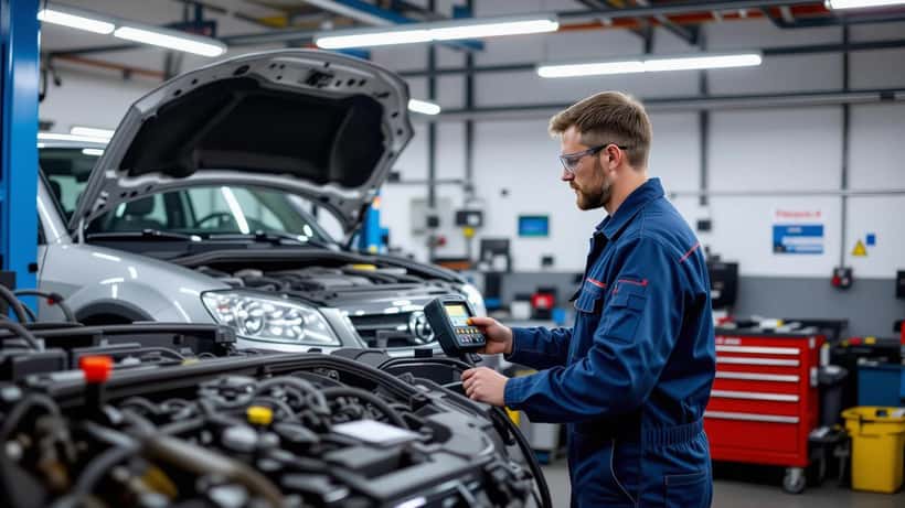 Kfz-Mechatroniker prüft Dieselmotor in Stuttgarter Werkstatt nach Trump-Diesel-Exportstopp-Drohung