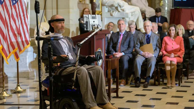 Steve Gleason ALS advocate using speech-generating device at Senate hearing