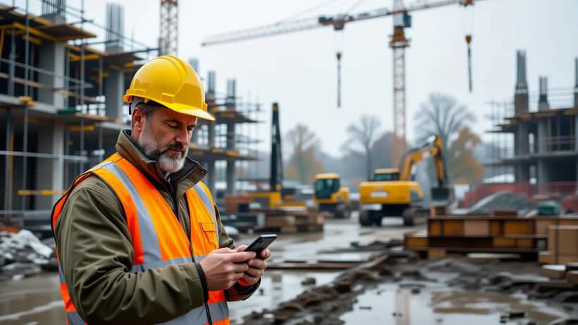 Bauarbeiter mit Helm und Warnweste prüft Smartphone im Regen an einer deutschen Baustelle