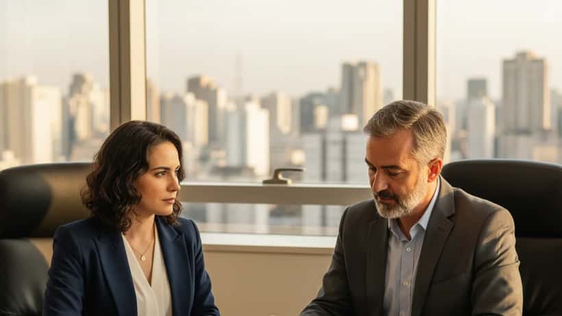 Mulher brasileira conversa com advogado trabalhista sobre direitos no trabalho