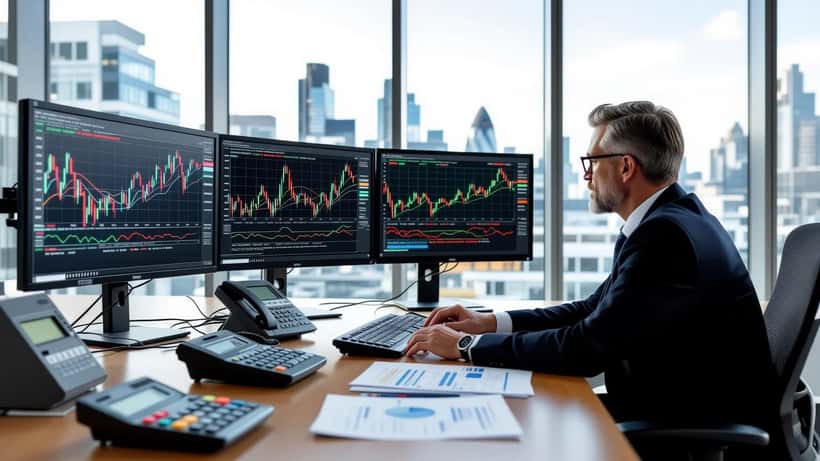 Financial adviser reviewing defence sector stock charts alongside pension allocation documents in a City of London office