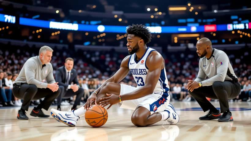 Basketball player clutching knee injury on NBA arena court with medical staff attending