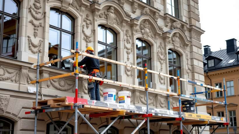 Hantverkare på byggnadsställning renoverar fasaden på ett historiskt K-märkt hus i Stockholm