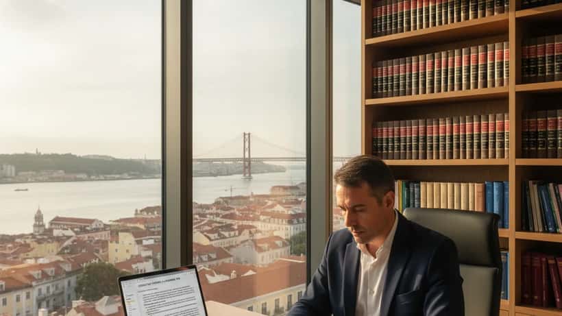 Advogado português revendo documentos de contraordenação rodoviária no seu escritório em Lisboa