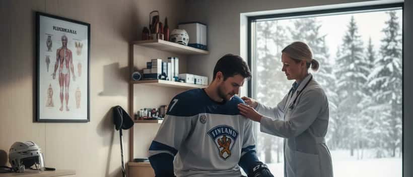 Suomalainen urheilulääkäri tutkii jääkiekkoilijan olkapäätä modernissa klinikassa