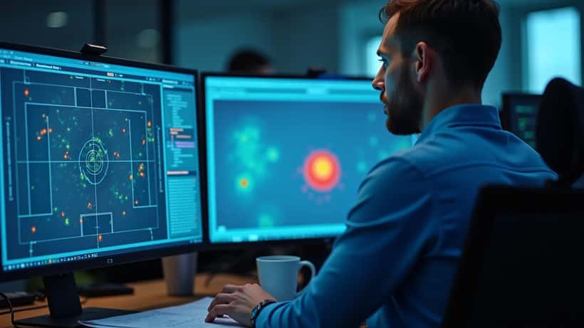 Dataanalytiker ved multi-skærm arbejdsstation med fodbold heat maps og Expected Goals dashboards