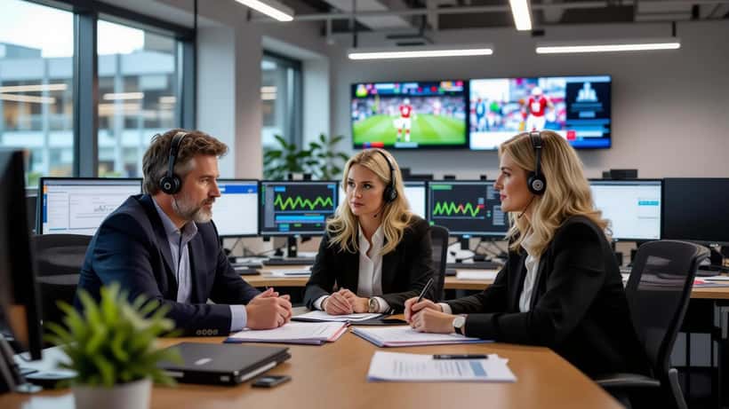 Two colleagues talking beside a desk with an HR handbook in a busy broadcast newsroom