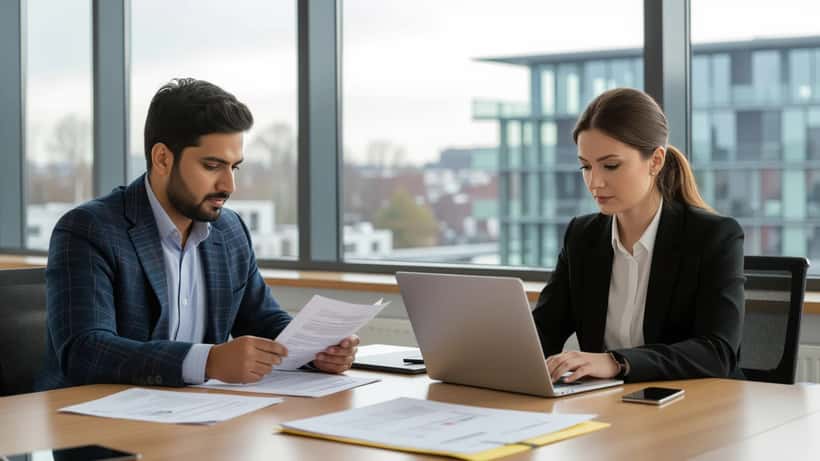 Softwareudvikler og HR-chef gennemgår ansøgning om arbejdstilladelse på et kontor i Aarhus
