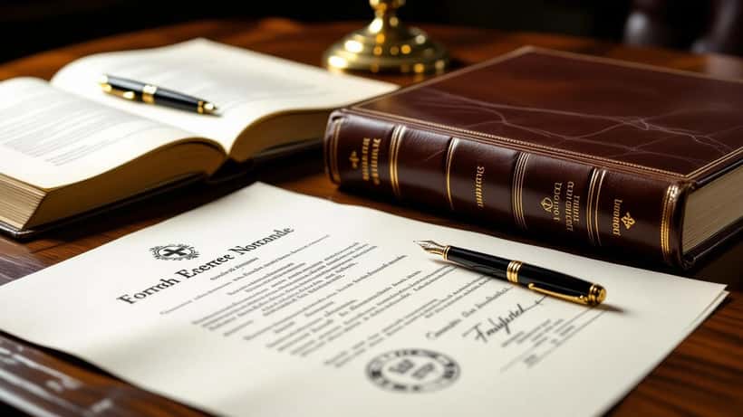 Bureau de notaire suisse avec documents successoraux et charte de fondation signée, illustrant la planification patrimoniale sans héritier direct