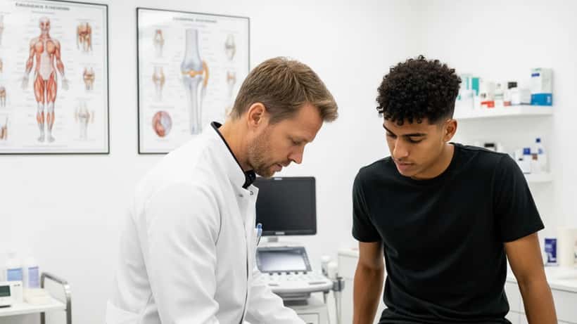 Dansk sportslæge undersøger ung fodboldspillers knæ i moderne sportsmedicinsklinik i København
