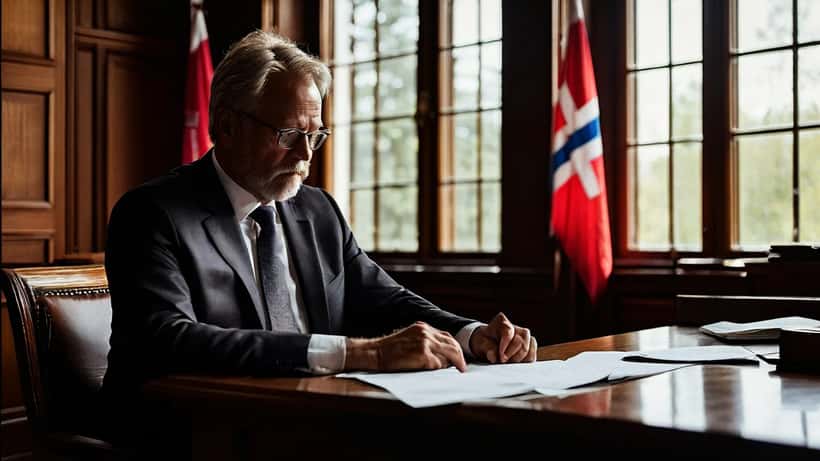 Norsk advokat gjennomgår saksdokumenter i en tingrett med norsk flagg i bakgrunnen