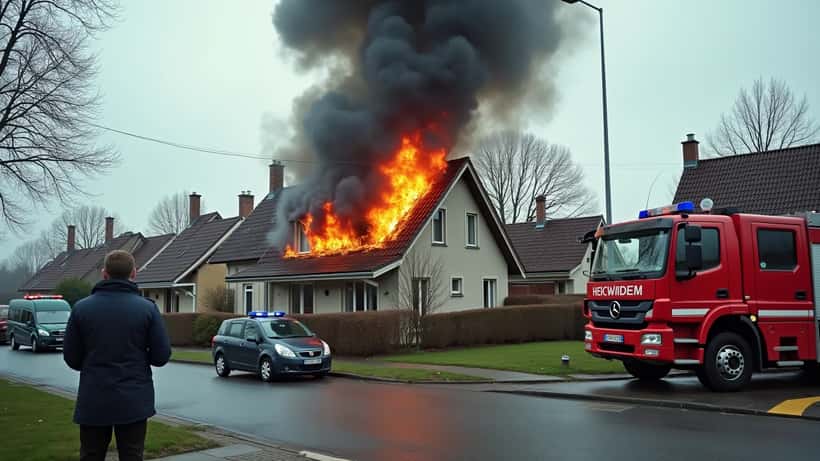 Brandvæsen og politi ved en villa i brand i et dansk forstadskvarter