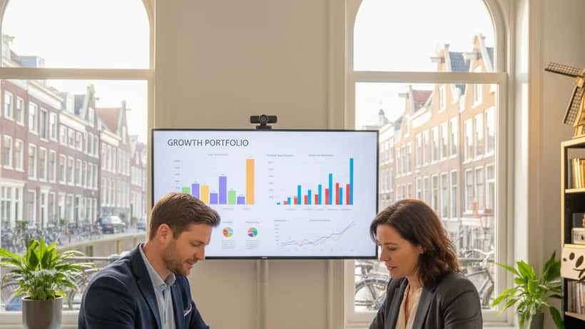 Oud-voetballer in overleg met financieel adviseur in Amsterdams kantoor