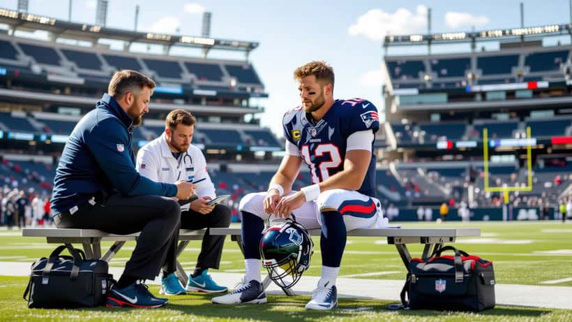 NFL quarterback in blue and white uniform receiving sideline medical evaluation from team physician at stadium