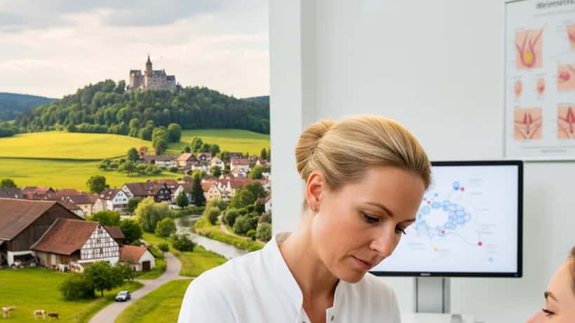 Eine Dermatologin untersucht die Haut eines Patienten mit einem Dermatoskop in einer modernen Klinik