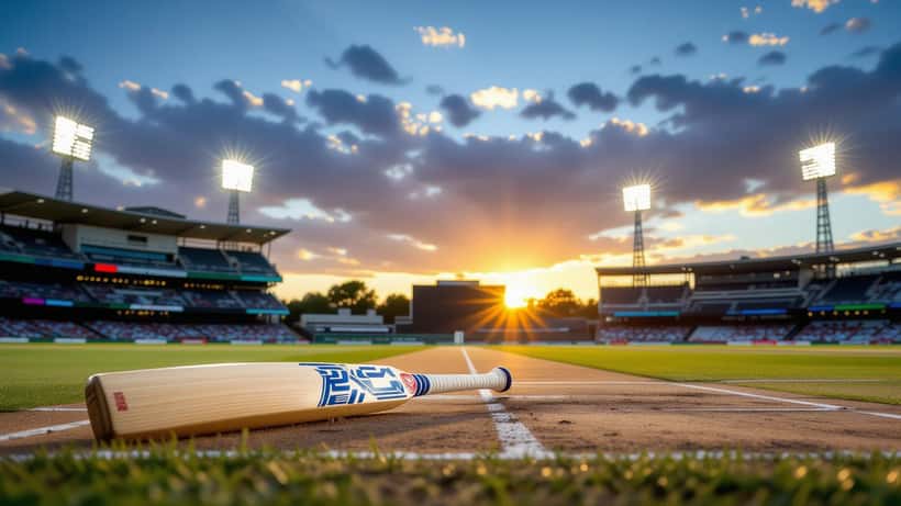 Cricket bat on an English stadium pitch under dramatic clouds
