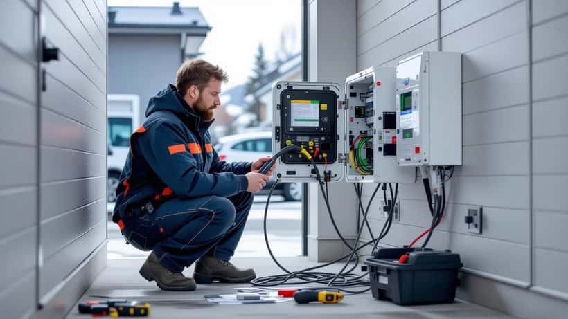 Elektriker inspiserer veggmontert elbillader ved åpent sikringsskap i norsk garasje