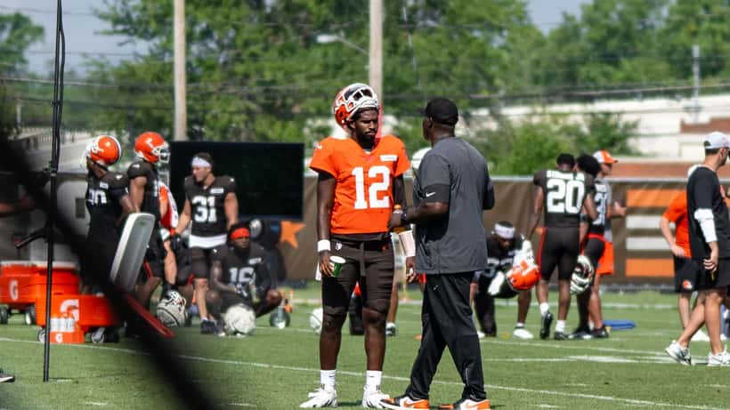 Shedeur Sanders in Cleveland Browns practice gear at 2025 Browns training camp