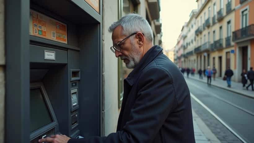 Pessoa a examinar caixa multibanco em Lisboa para sinais de adulteração