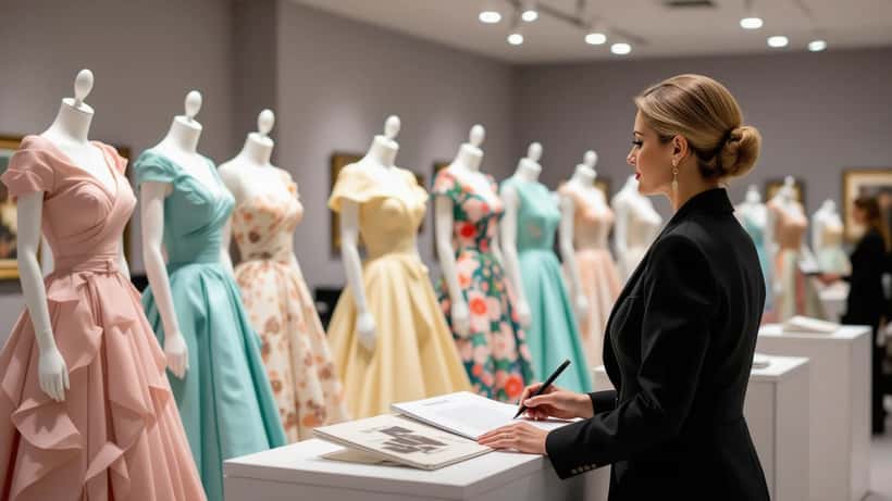 Auktionsvorschau eleganter Kleider aus dem Nachlass Prinzessin Dianas, Katalog und Auktionshammer auf dem Tisch