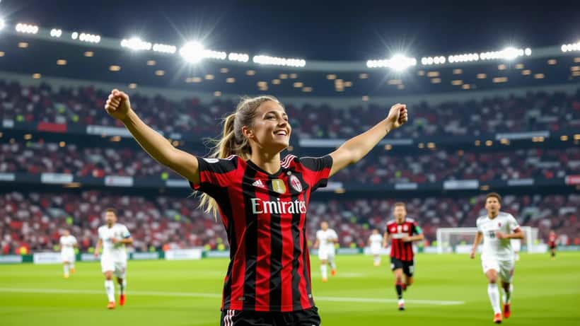 Calciatore in maglia del Milan esulta per il primo gol in Serie A a San Siro di notte, folla sullo sfondo