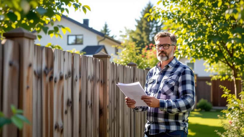 Man håller juridiska dokument vid ett träplank längs tomtgränsen i ett villakvarter