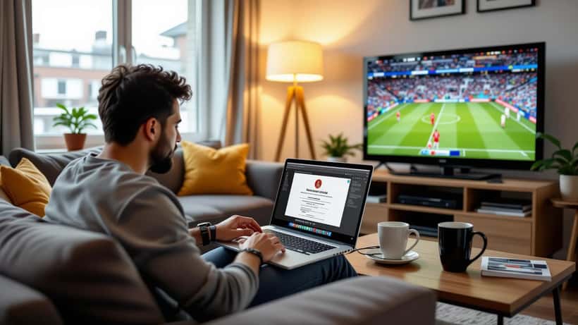 Aficionado latino mirando su laptop con alerta de seguridad mientras ve un partido de fútbol en televisión