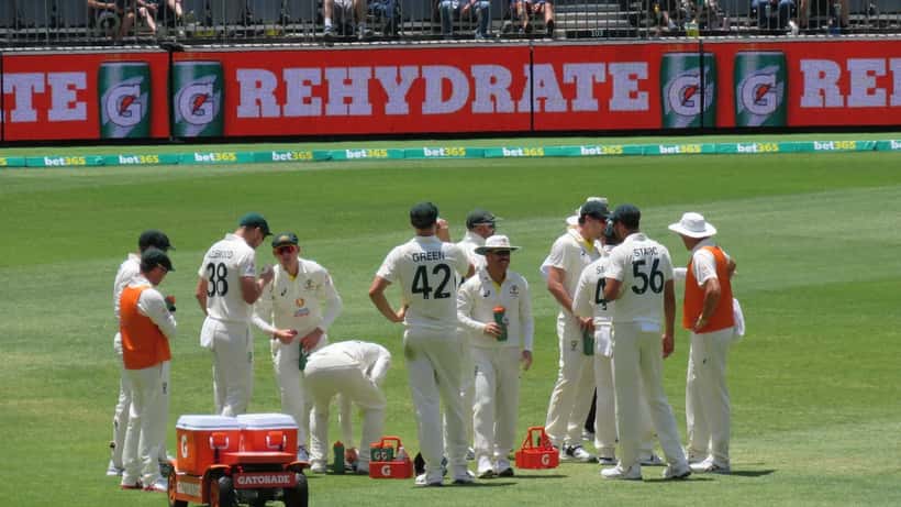 West Indies cricket team during a drinks break at a Test match