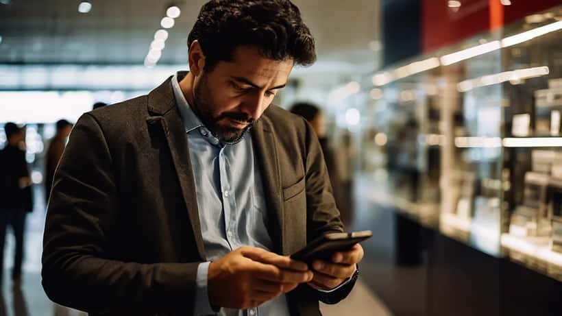 Homem examinando smartphone em loja de eletrônicos em São Paulo