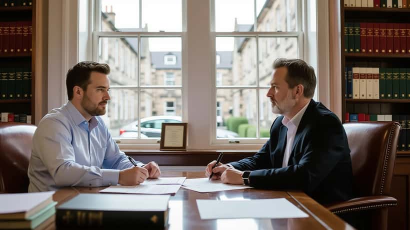 Solicitor reviewing DBS criminal record check form with client in Glasgow law office
