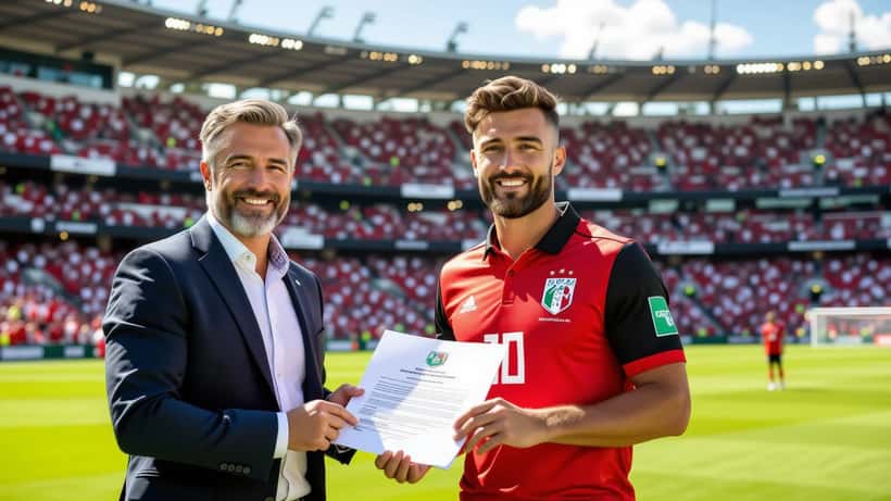 Jogador de futebol assinando contrato em escritório moderno com agente e advogado