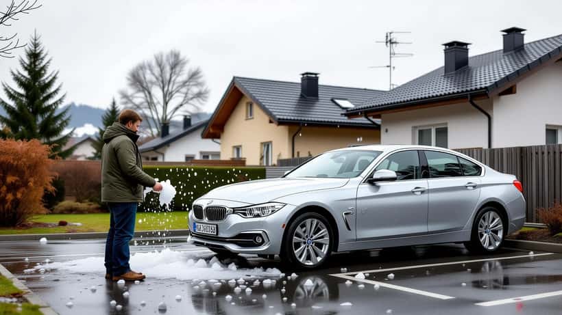 Hagelschaden an einem Auto in Österreich 2026 – beschädigte Motorhaube und Dachziegel nach Unwetter