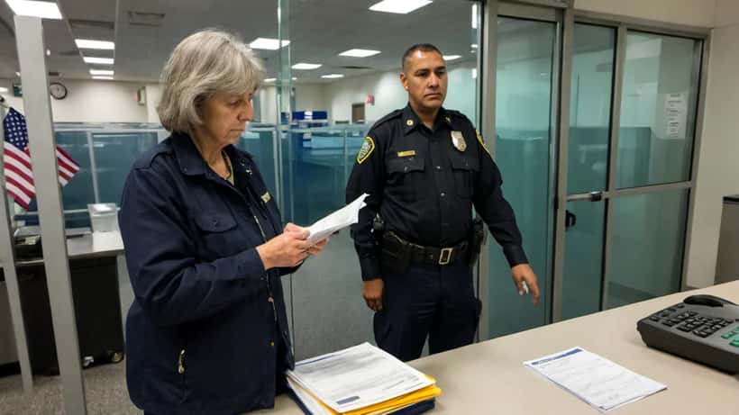 British traveller at US immigration checkpoint with passport and documents, 2026