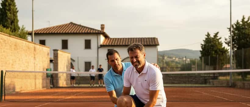Tennista amatore maschile su campo in terra battuta che si tiene la caviglia con espressione dolorante