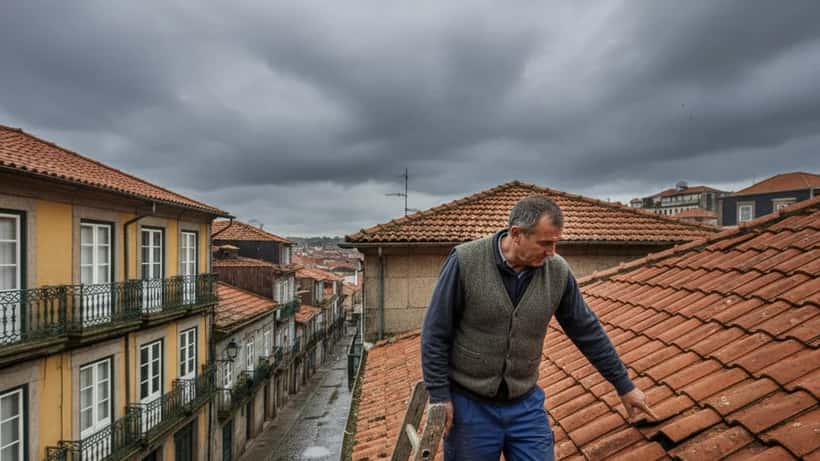 Técnico de construção inspeciona telhas de casa portuguesa no Porto antes de tempestade