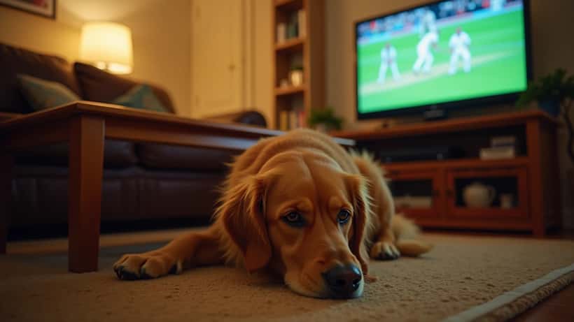 Golden retriever cowering under a coffee table in a suburban Australian living room with a cricket match on television in the background