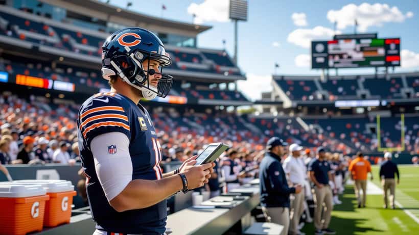 Chicago Bears backup quarterback reviewing play diagram on sideline during NFL game, stadium lights overhead