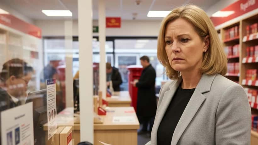 Woman at a post office counter in London looking concerned about rising stamp prices