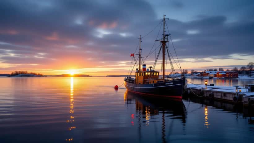 Laiva Suomenlahdella aamunkajossa, aiheena vakuutusasiantuntija