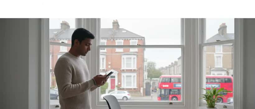 Person holding a smartphone reviewing settings with a concerned expression in a modern home office