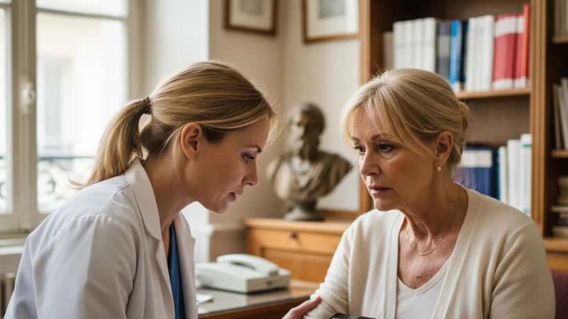 Médecin et patiente de 66 ans en consultation préventive dans un cabinet médical parisien