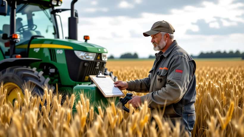Landwirt betankt einen grünen Traktor mit Diesel am Rand eines Weizenfeldes