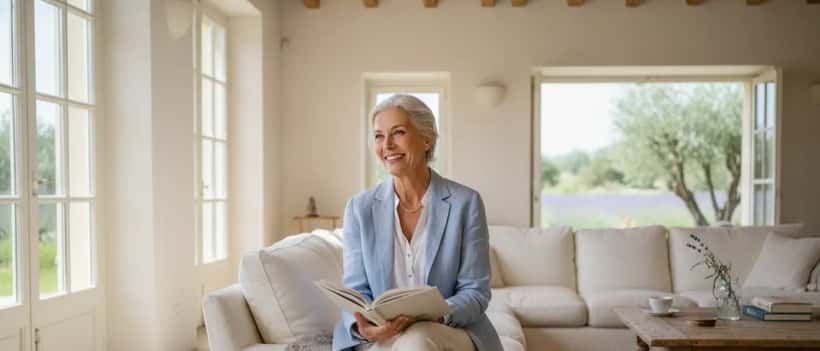 Femme française élégante d'une soixantaine d'années souriante dans un salon provençal lumineux, tenant un livre ouvert